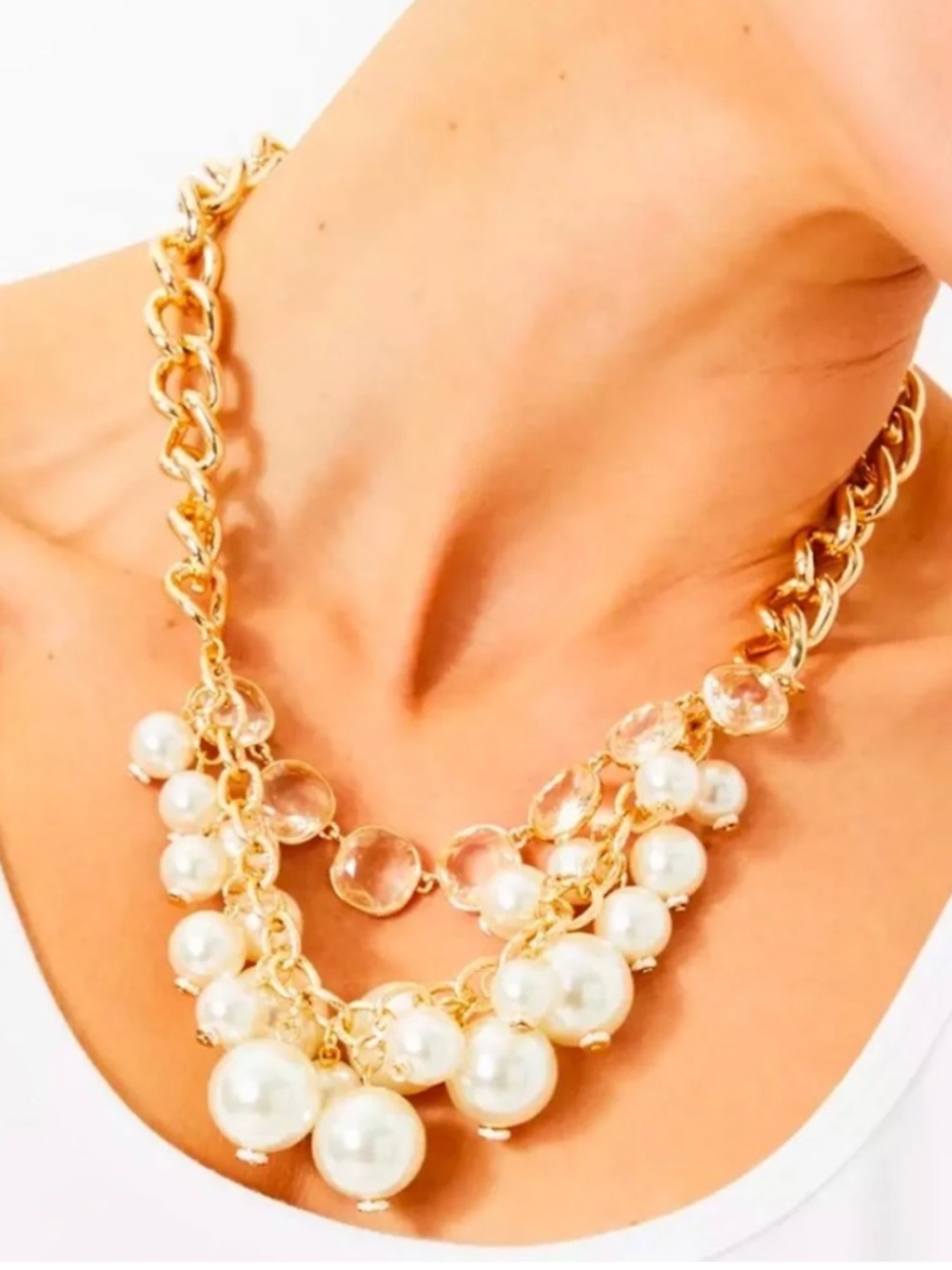 NWT Lilly Pulitzer Pink Palms Necklace in Gold Metallic Pearls Rhinestones